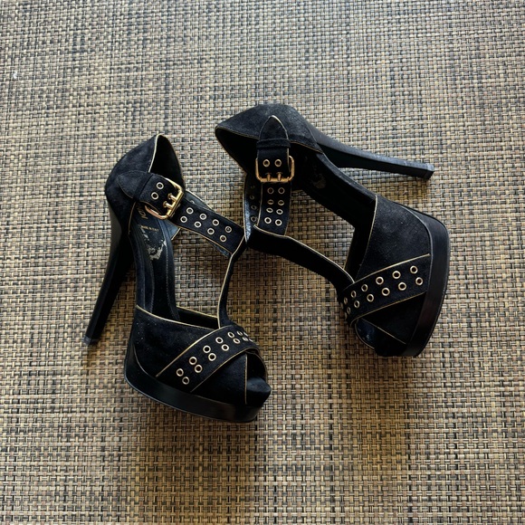 FENDI Black Suede Gold Trim Grommet Peep Toe Platform Heeled Sandals - Picture 3 of 9